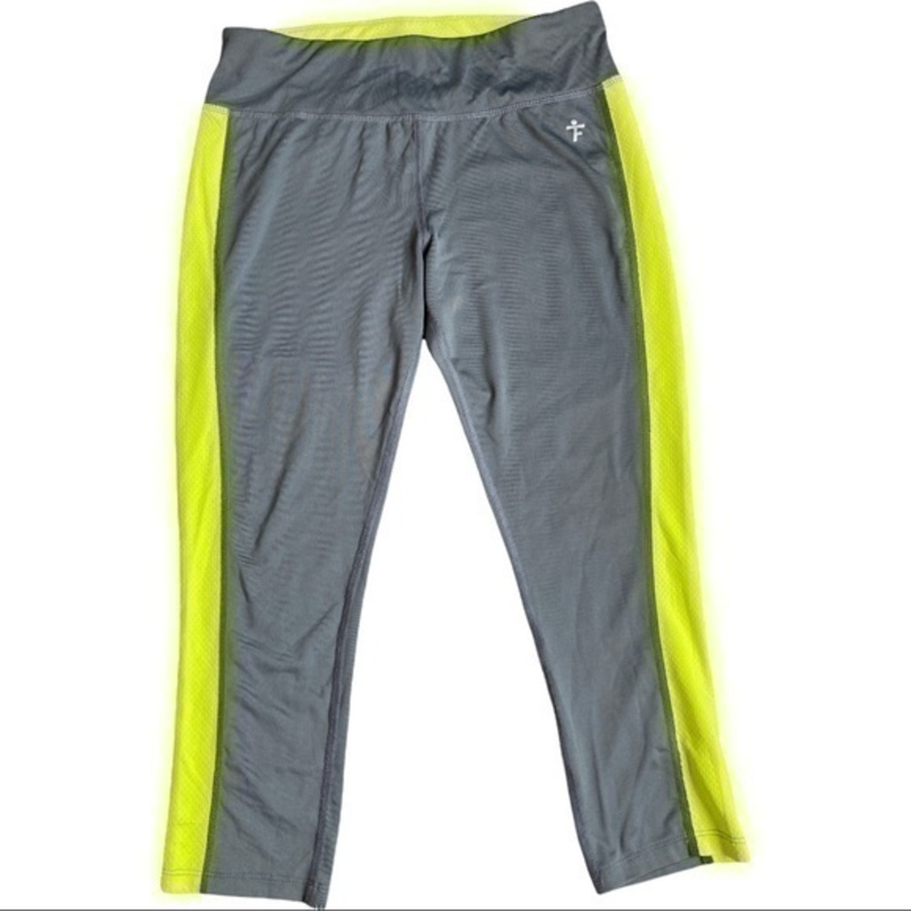 Tru Fitness,like new, size S Capri leggings gray w/yellow mesh, reflective logo